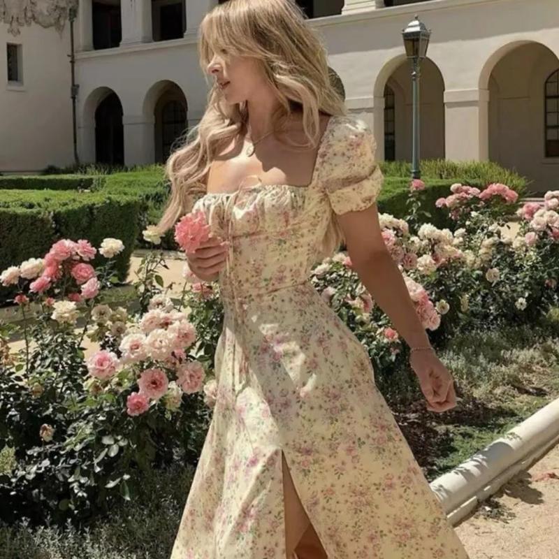 Summer Woman's Retro Elegent Suquare Neck Puff Sleeve Floral Print Maxi Dress Partywear SweetClub Dress