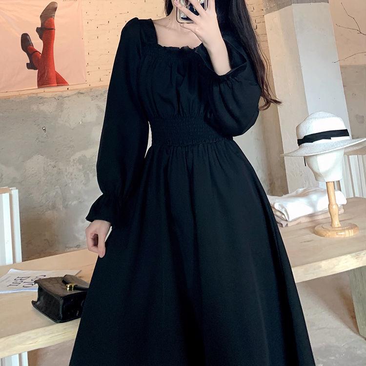 Black Dress Plus Size Women Lolita dress Gothic Harajuku Dresses Square Collar Long Sleeve Midi Dress Chic Korean Clothes