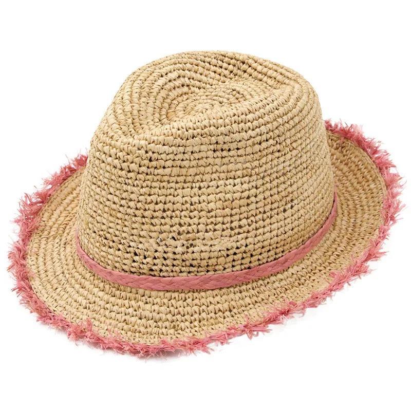 British Summer Natural Raffia Grass Colored Burr Lady Panama Fedoras Cap Women Panama Jazz Hat