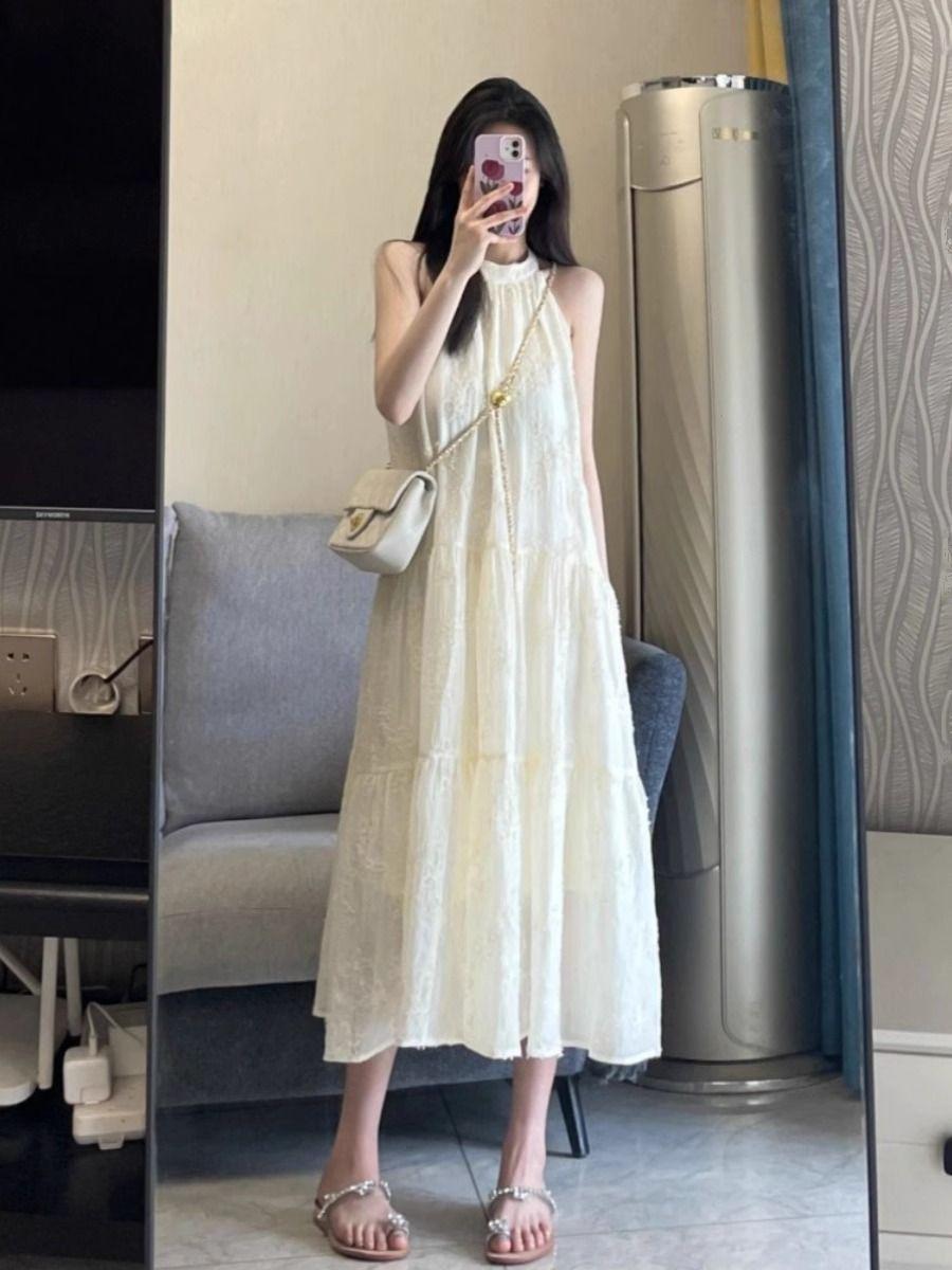 

Beautiful neck French off-the-shoulder dress women s summer new sleeveless coffee break seaside vacation long skirt XL абрикосовий