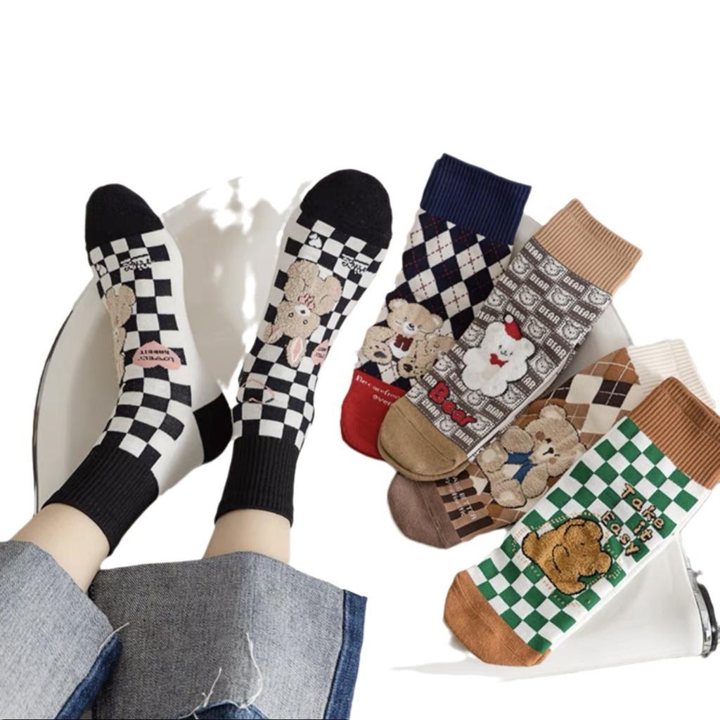 Cute Little Bear Socks, Cartoon Checkerboard Pattern, School Style, Versatile Cotton Socks, Trendy Short Socks