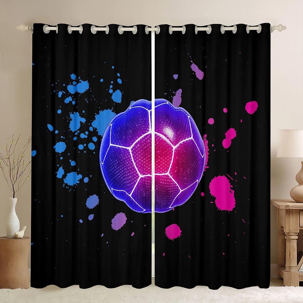 Honeycomb Hexagonal Fluorescent Print Curtains Football Baseball Basketball Curtains for Sports Boys Bedroom Blinds Window 2PCS