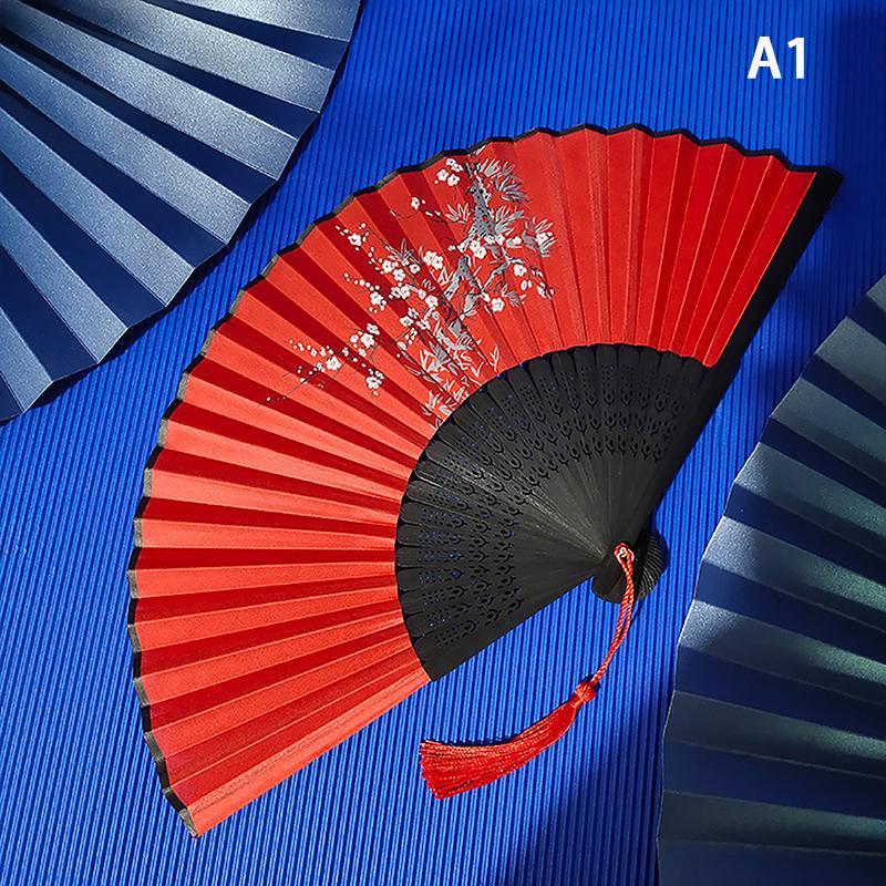 Vintage Chinese Style Folding Fan Bamboo Hand Fan Wooden Shank Classical Dance Fan With Tassel Elegent Female Fan Home Decor