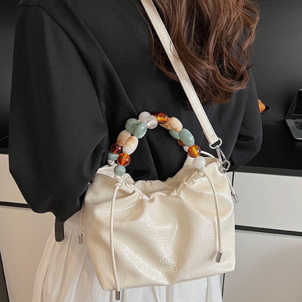 Tote Bag Beading Handle Shoulder Bag Crossbody Bag Women's Shoulder Bag Cute Silver PU Bag  Travel