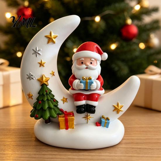 Holiday Party Supplies Christmas Moon Night Light with Santa Claus, Resin Decoration Warm LED Atmosphere Lighting Glow, Tabletop Ornament for