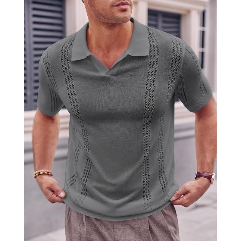 Men Hollow Out Knit Short Sleeve Polo Shirt Casual Top