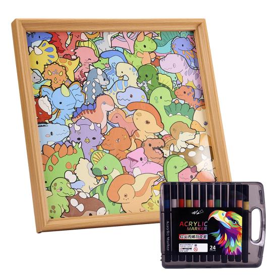 DIY Dinosaur Wooden Coloring Puzzle with Frame Pens 2-in-1 Coloring Irregular Jigsaw Puzzle Craft Kit 3D Puzzle Photo Frame Ornament Decoration