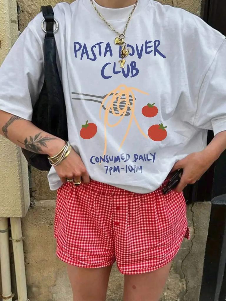 Women's Pasta Lover Club Pattern T-shirt with Retro Fruit Print Short Sleeved Fashion Top, Oversized Harajuku Y2k Streetwear