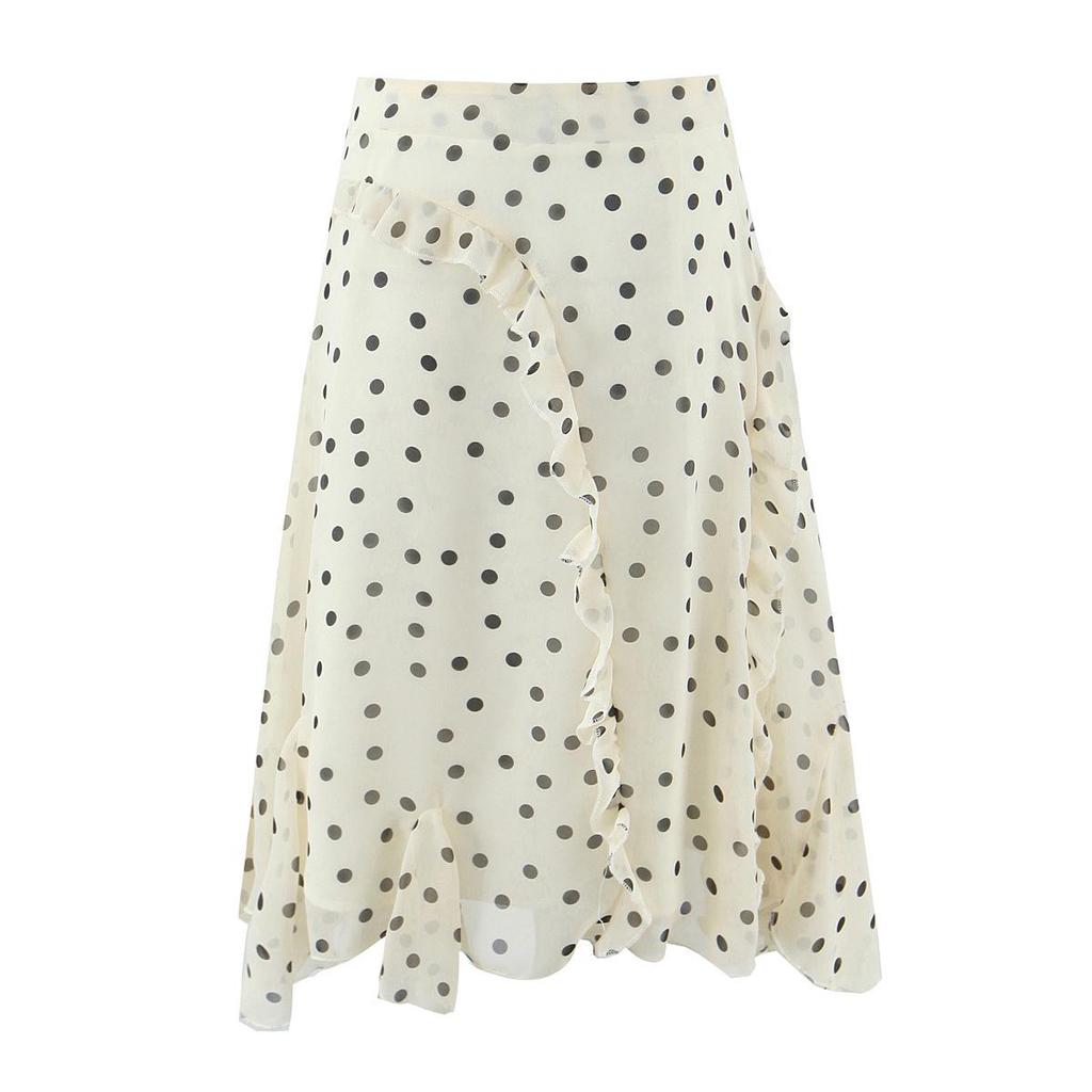 French Polka Dot High-Waisted Ruffle Midi Skirt for Women - Korean Style Spring/Summer
