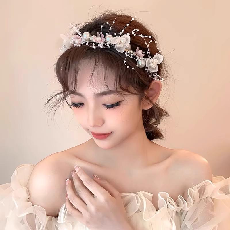 Golden Leaf Pearl Headband: Fairy-Inspired Flower Wreath for Girls' European Wedding or Sweet Dress-Up Headdress