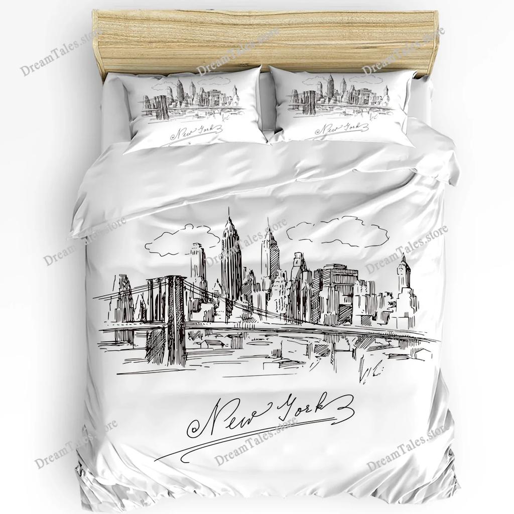 Bedding Set Business City Scenery New York Black and White Duvet Cover Pillow Case Boy Kid Teen Girl Bedding Covers Set