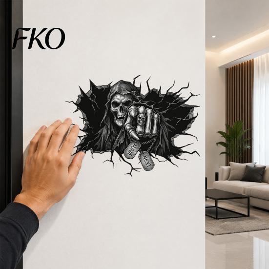 Window Display Decal Grim Reaper Wall Sticker, 3D Breaking Through Art Decal, Large Size Skull Scary Mural for Home Bar Pub Halloween Party