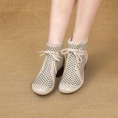Spring and Summer Hollow Thick Heel Retro Martin Boots High Heel Round Head Soft Leather Hole Cool Boots Women