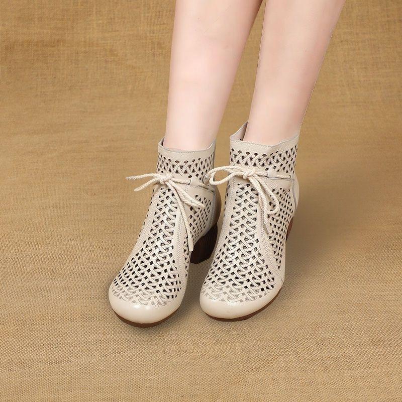 Spring and Summer Hollow Thick Heel Retro Martin Boots High Heel Round Head Soft Leather Hole Cool Boots Women