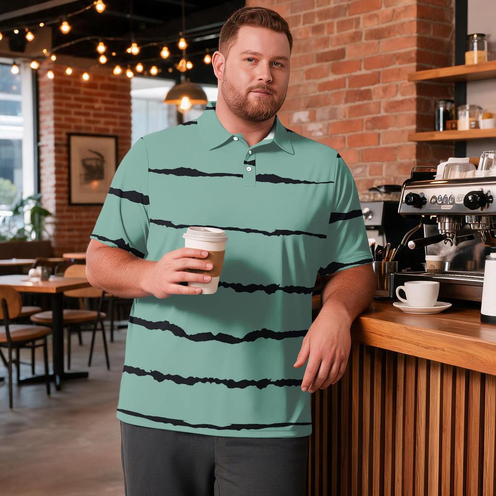 Men's Big Size Short Sleeve Golf Shirt Breathable Casual Workwear Polo Shirt with Striped Plaid Print Comfortable Fit