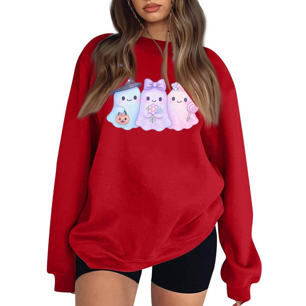 Women's Comfortable Casual Sweatshirt with Long Sleeve, Round Neck, Loose Fit, Small Halloween Print and Color Options