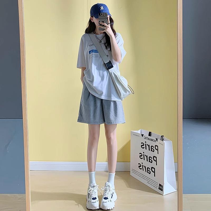 

Высокая талия Широкие штанины Свободные джинсовые шорты Женские летние джинсовые шорты Корейские повседневные джинсы XL светло-синий