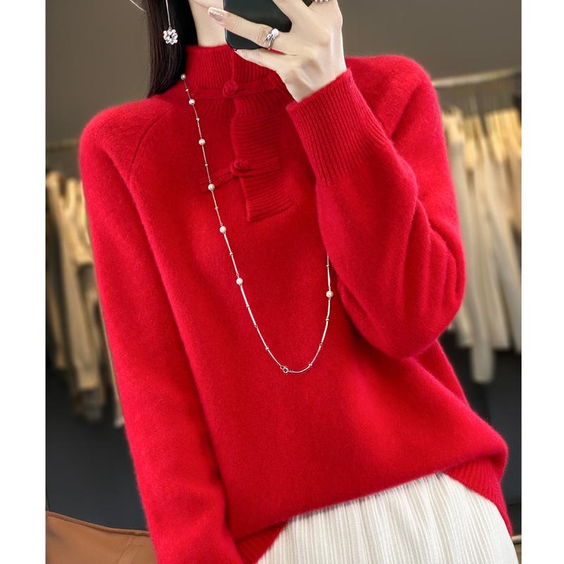 Women's Slimming Wool Sweater - Chinese Style Button-Up, Half-High Collar, Long Sleeve Pullover for Autumn/Winter