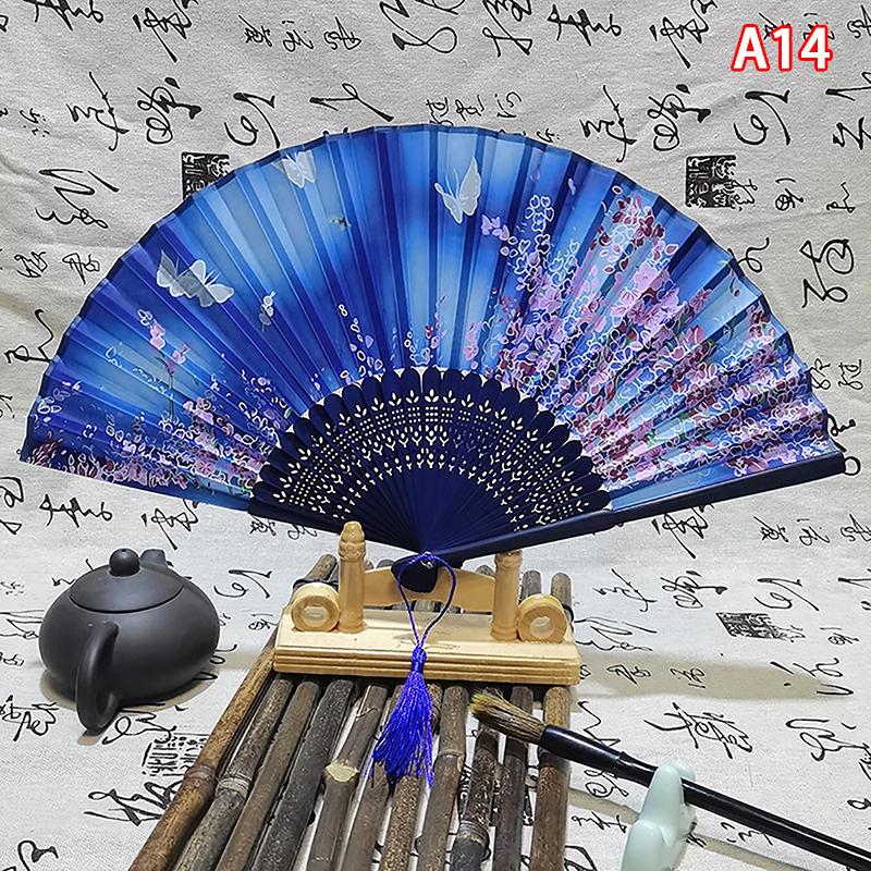 Vintage Chinese Style Folding Fan Bamboo Hand Fan Wooden Shank Classical Dance Fan With Tassel Elegent Female Fan Home Decor