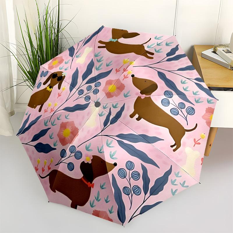 1pc Dachshund Floral Automatic Folding Umbrella - Compact 8-Rib Design, Durable Plastic & Iron, Lightweight for Outdoor Daily Use082