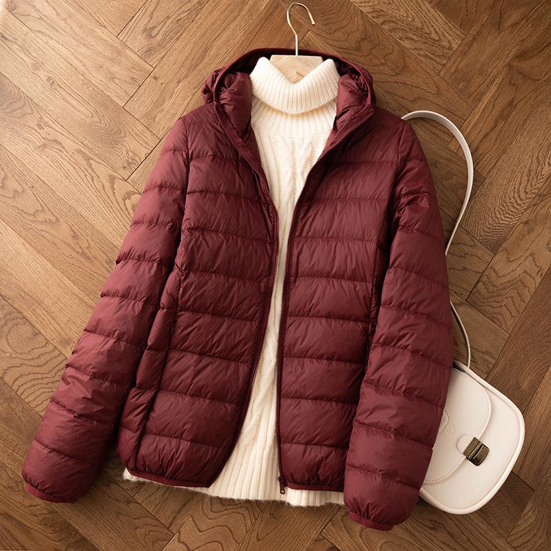 Weiße Entendaune leichte Daunenjacke Damen kurz neu leicht warm Mode Kapuze leichte Jacke