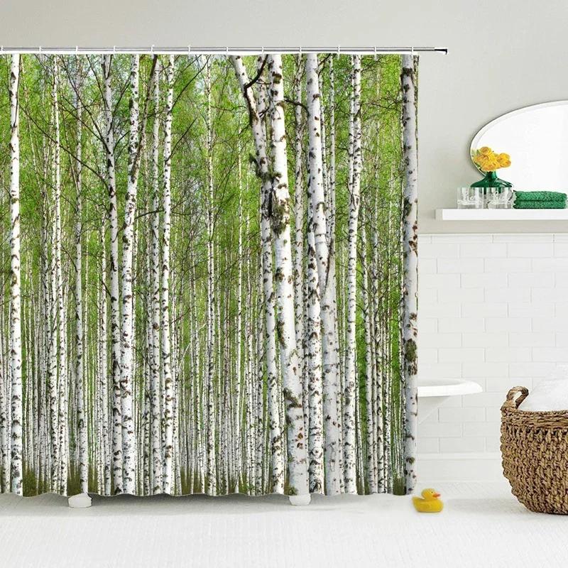 Berkenbomen Boslandschap Douchegordijn Waterdichte Stof Badkamer Gordijnen Natuurlijk Landschap Bad Scherm Met 12 Haken