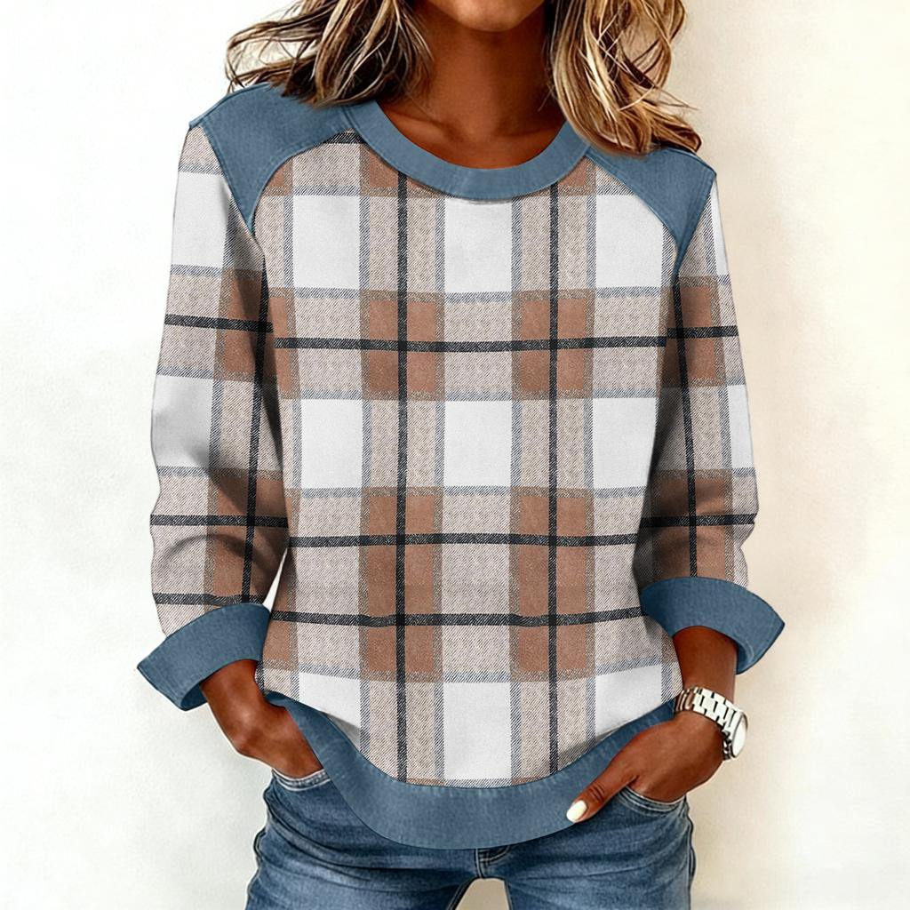 Damen Jeanskragen Patchwork Nähte Sweatshirt Lässig Pullover Langarmshirts