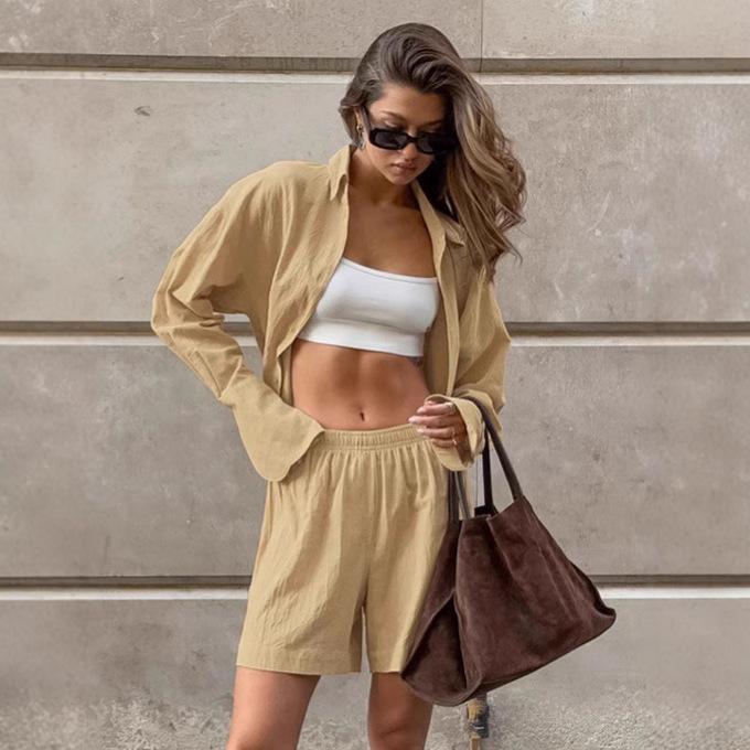 European and American minimalist casual khaki cotton-linen set, women's 1116 summer design shirt and shorts two-piece set