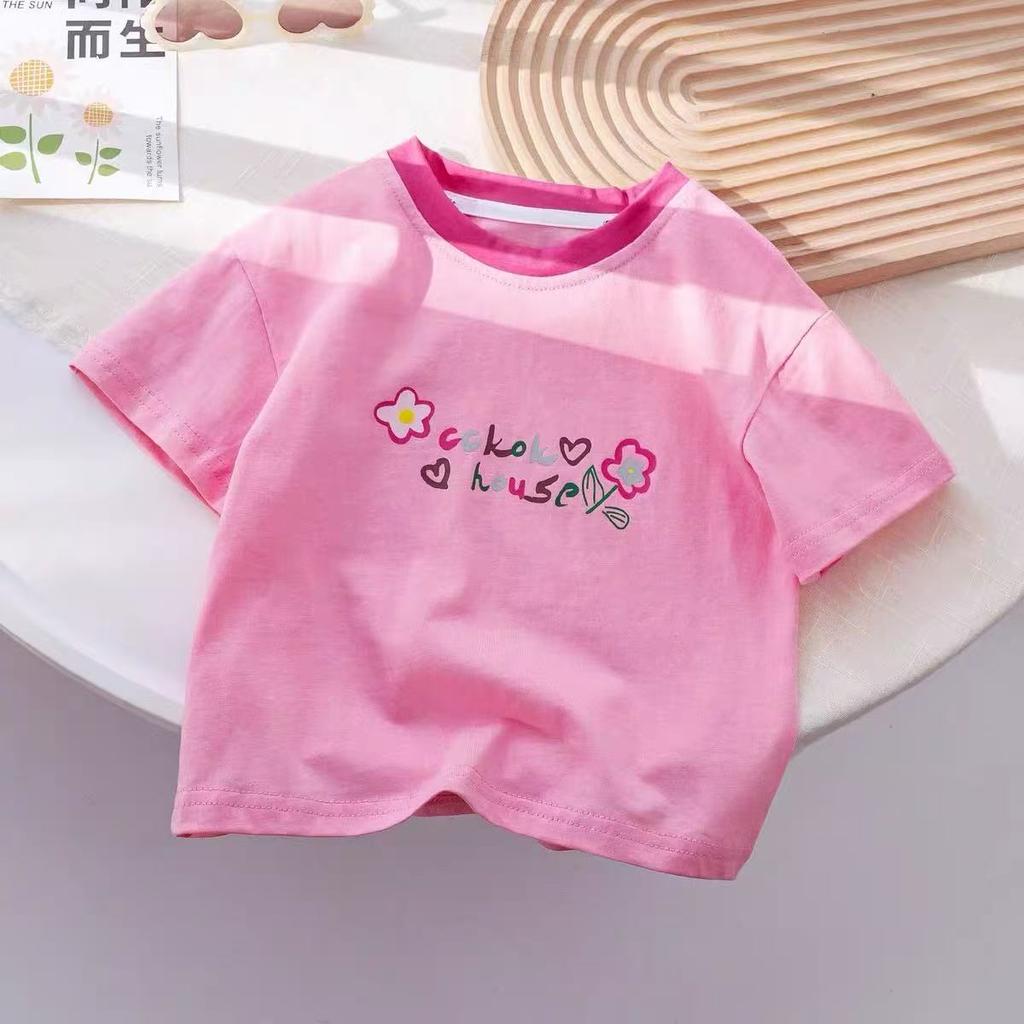 Girls' Loose Cotton Short-sleeved T-shirt, Children's Casual Top