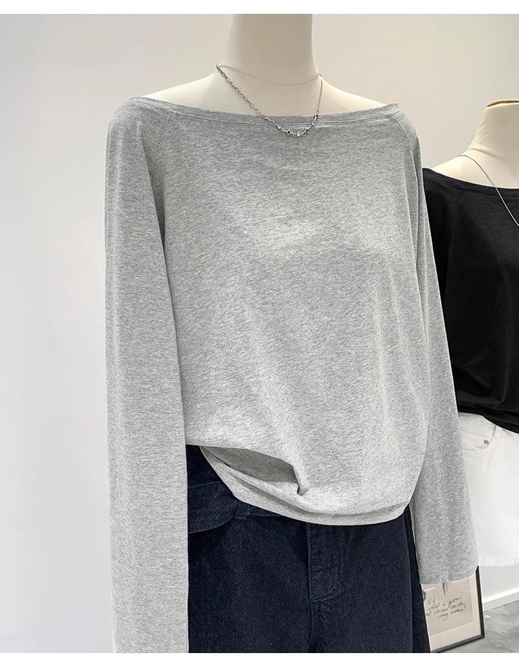 Women's Off-Shoulder Black Cotton Long-Sleeve T-Shirt, 2025 Spring/Autumn/Winter Collection