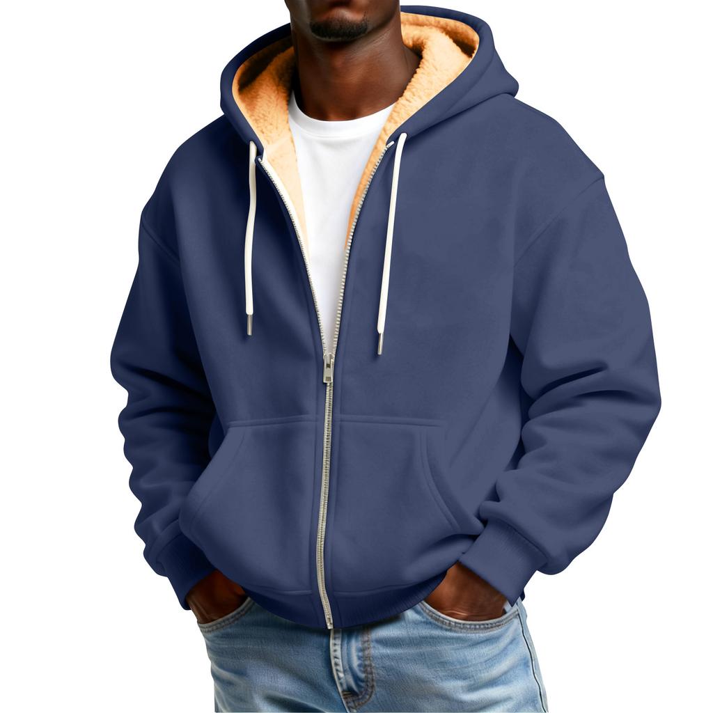 Men's Solid Color Fleece-Lined Zip-Up Pocket Hooded Sweatshirt Cardigan Men's Casual Sweatshirt Cardigan