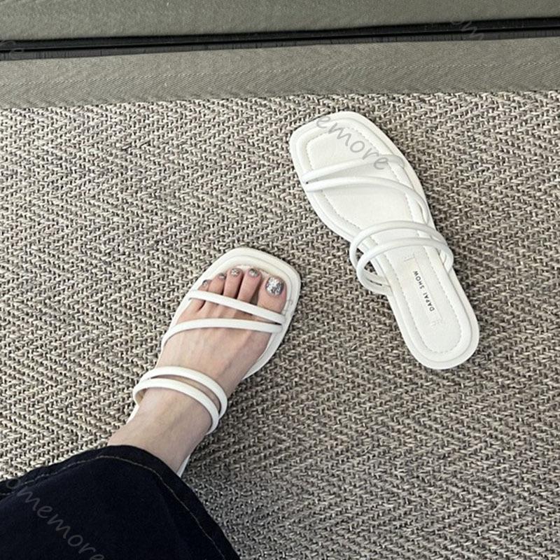 Comemore French Women Sandals Slippers Female Summer New Low Heeled Flip Flops Solid Casual Square Toe Beach Slippers