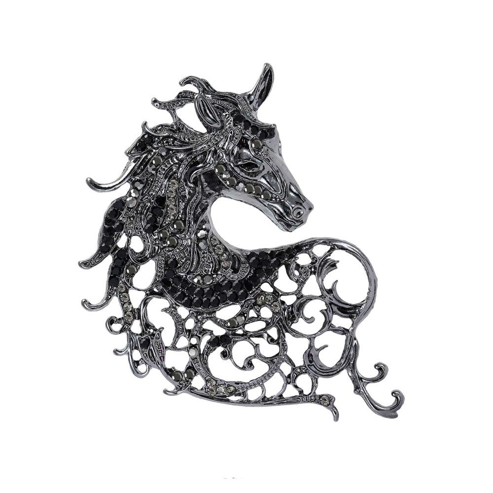 Hollow Out Rhinestone Horse Head Brooches Vintage Metal Badge Pin New Year Gifts