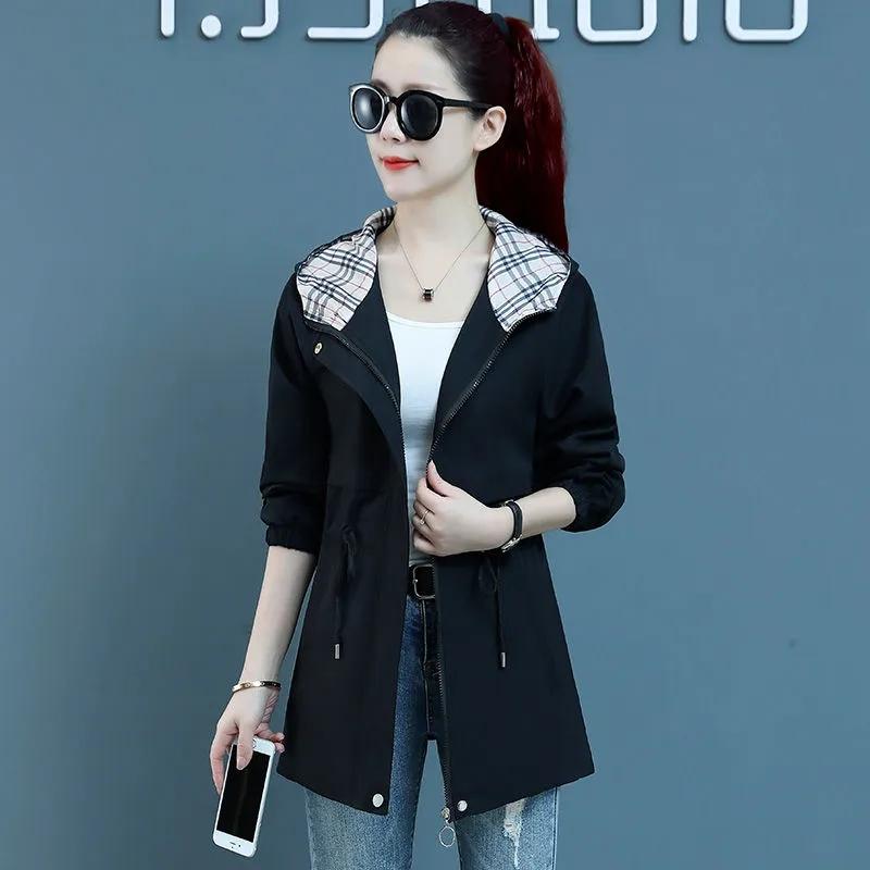 

Женская куртка-тренчкот корейская весна-осень свободные длинные рукава короткие пальто женская ветровка с капюшоном верхняя одежда топы XL