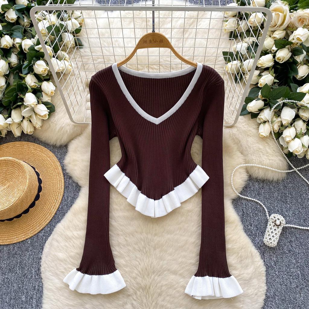 Women's V Neck Long Sleeve Top Black White Trim Casual Blouse