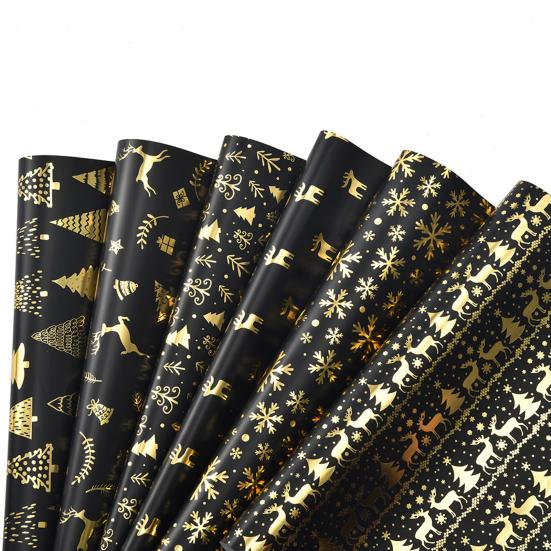 Christmas Reversible Wrapping Paper Roll Black Gold Foil Christmas Tree Snowflake