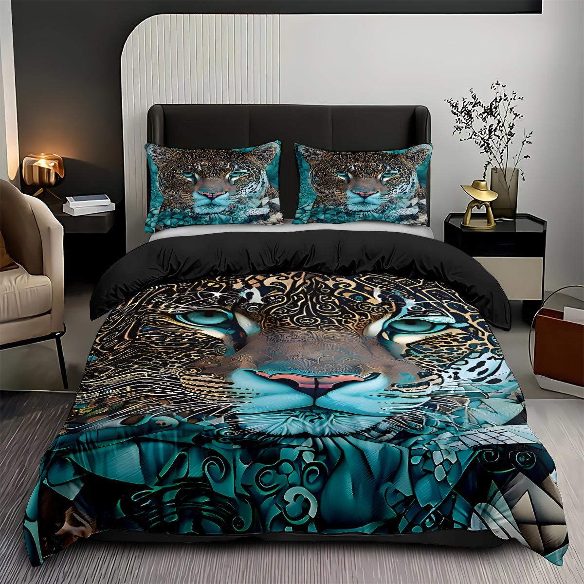 Bed Three-Piece Tiger Leopard Rose 3D Digital Printing Quilt Cover Pillowcase Creative Home Textile 135x200