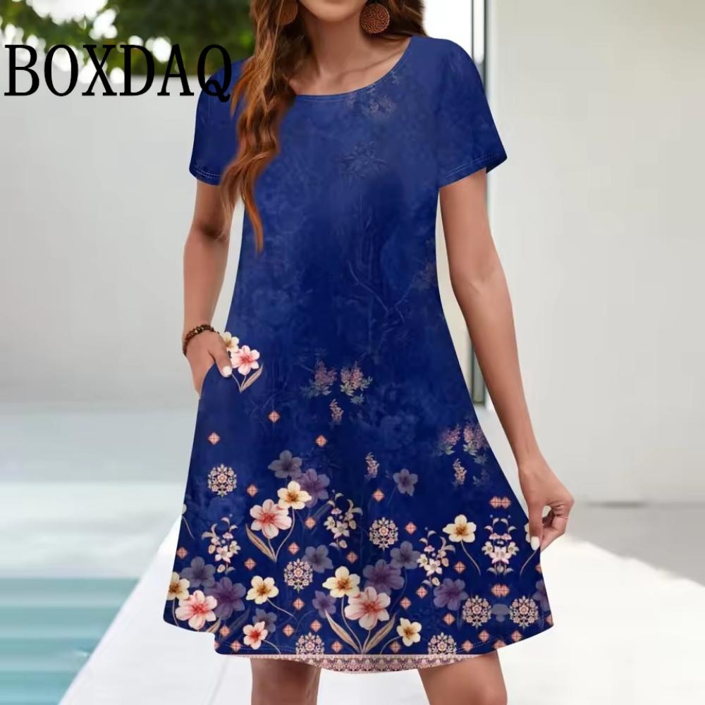 Women s Casual Floral Print Summer Bohemian Beach Dress Loose Short-sleeved Ladies Dress S