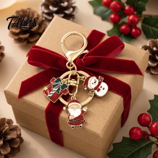 Christmas Ornament Santa Tree Snowman Keychain, Golden Plated Zinc Alloy Holiday Theme Keychain Handbags Decorative Accessory with Lobster Clasp Charm