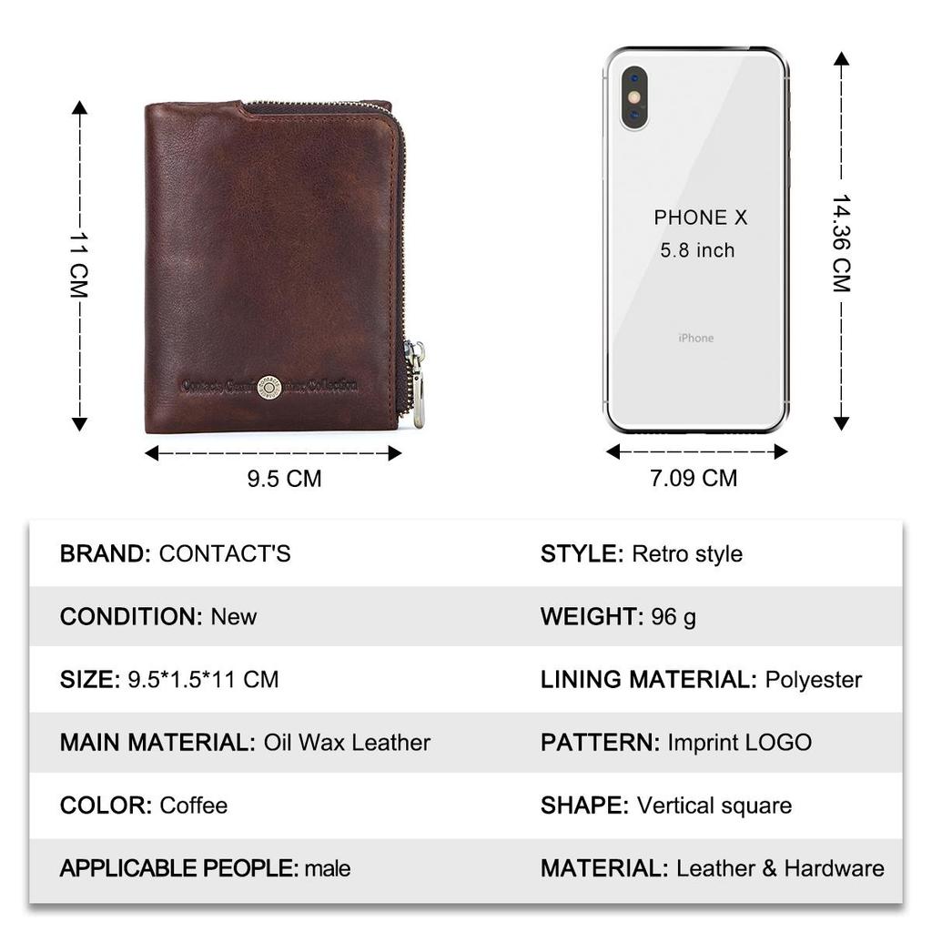 CONTACT'S New Small Wallet Men Crazy Horse Wallets Zipper Coin Purse Quality Short Male Money Bag Rifd Genuine Leather Card Wallet