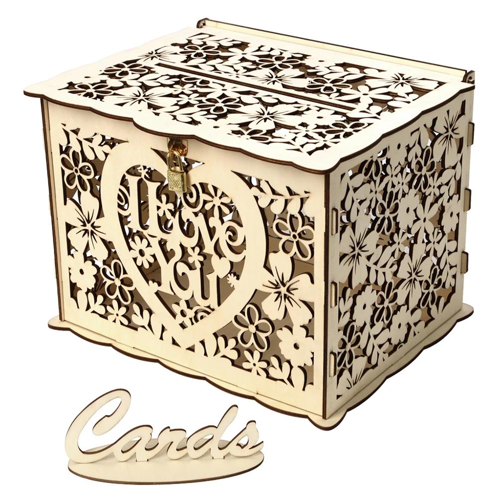 Wooden Wedding Card Box Wedding Decoration Supplies DIY Mr&Mrs Couple Flower Pattern Envelope Sign Cards Wood Box