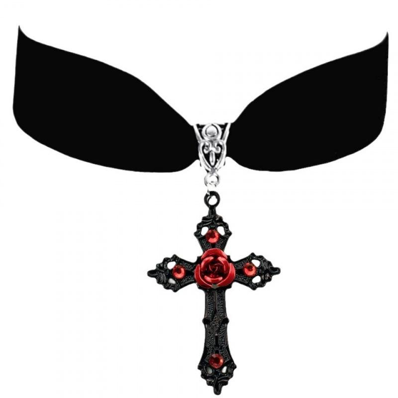 Gothic Ruby Cross Velvet Choker Necklace