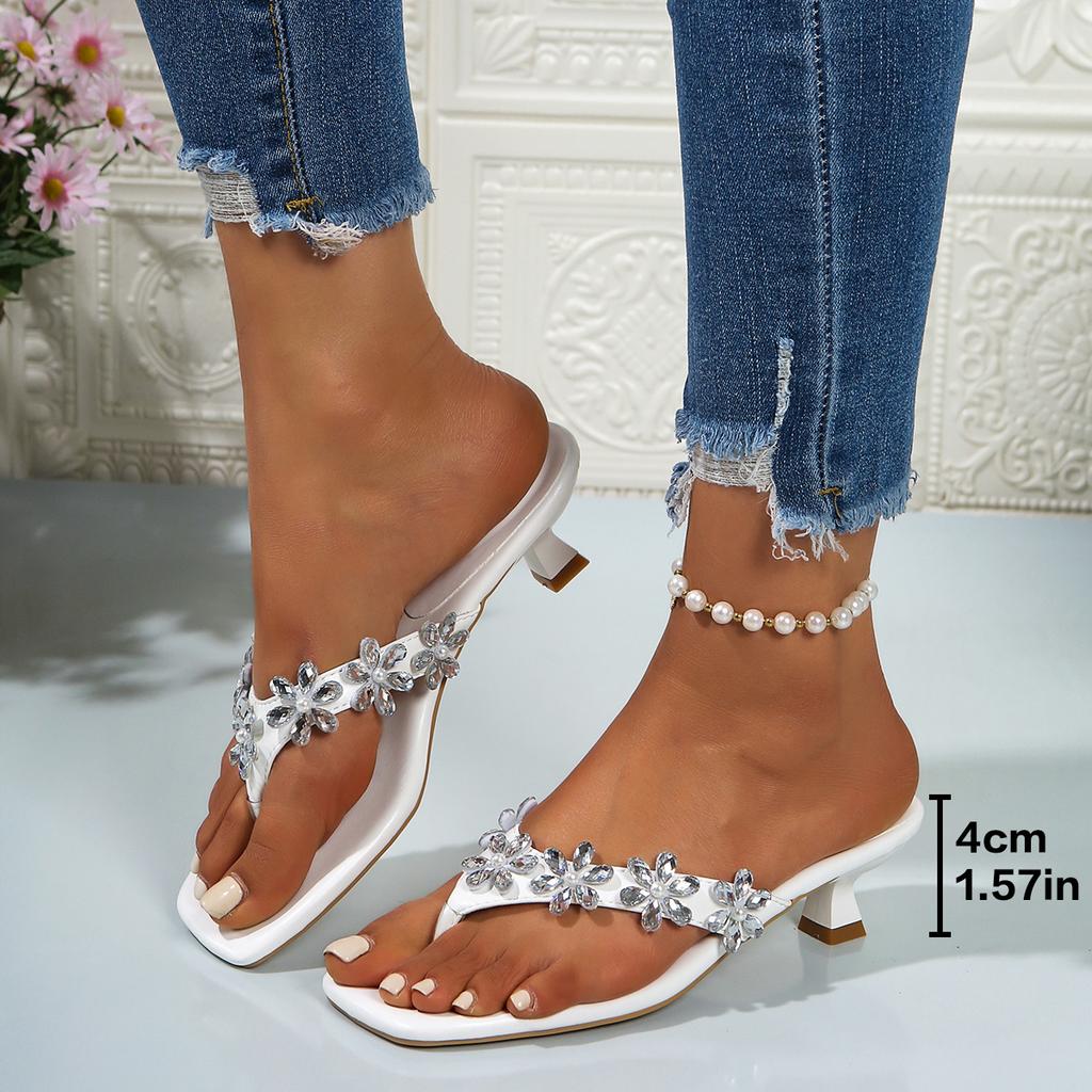 Damensandalen mit mittlerem Absatz in großer Größe, Sommerneuheit, Strass-Schmetterling, eckige Zehenpartie, Flip-Flops, lässige Damen-Outdoor-Sandalen
