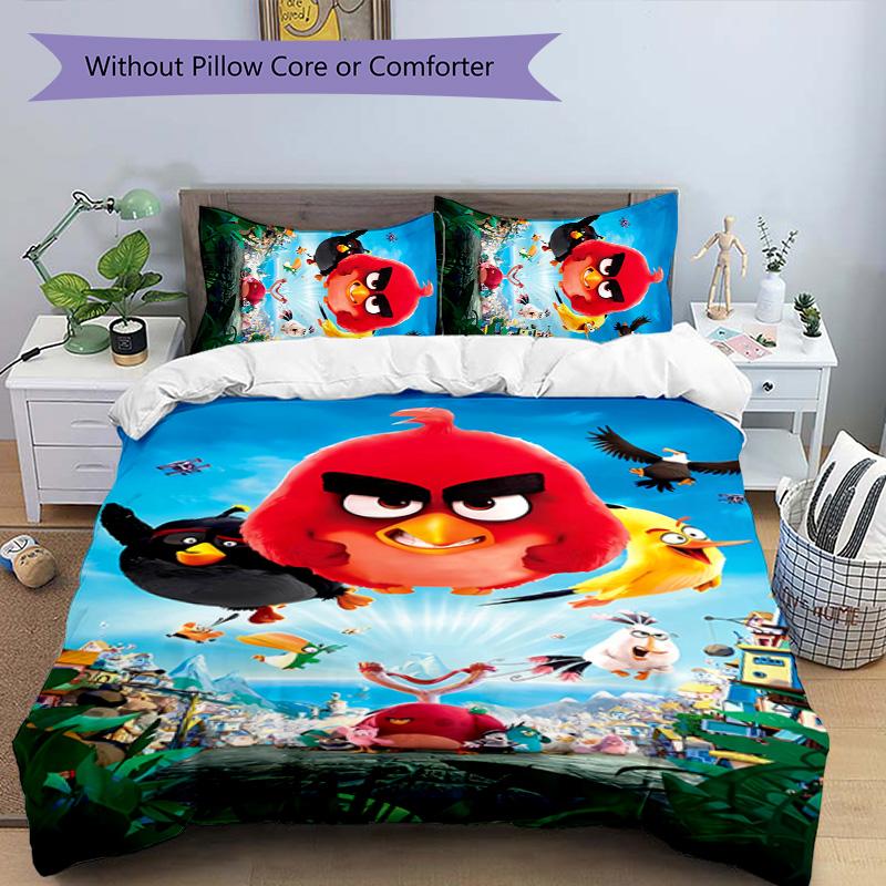 3pcs angry Birds pattern bedding set duvet cover set includes duvet cover &pillowcases, perfect all season bedroom decoration & gift