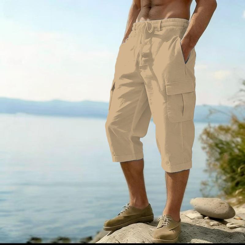 Xita Fashion Mens Casual Cargo Cropped Pants Elastic Waist Multi Pocket Summer Trousers L