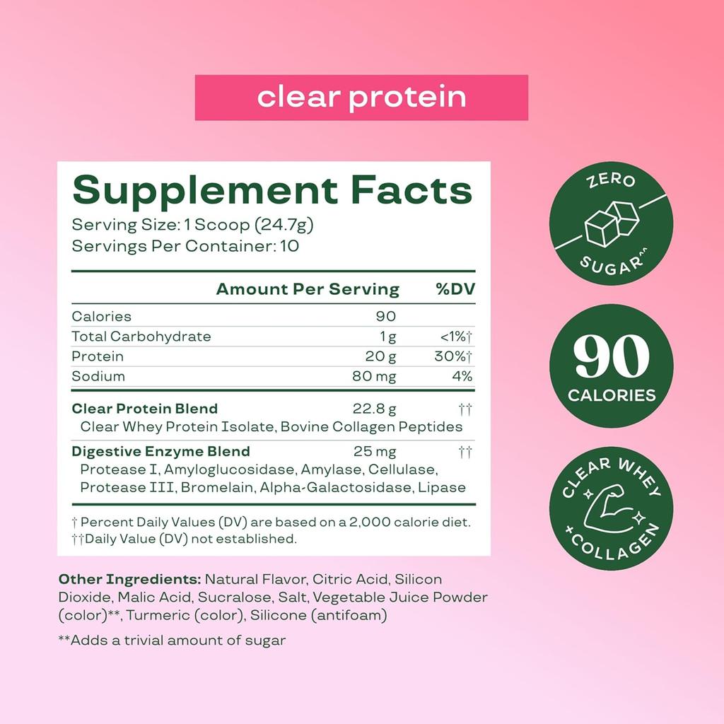 Bloom Nutrition Clear Protein - Clear Whey + Collagen Protein Blend | 20g Protein, 90 Calories, 0g Sugar, Light