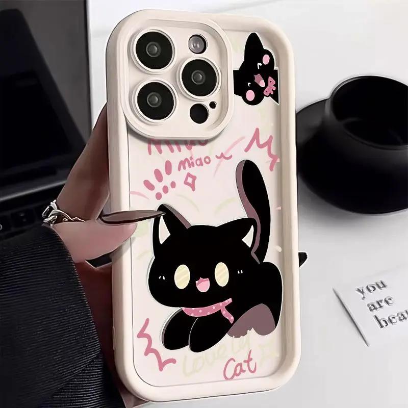 Cartoon Little Black Cat Cute Couple Phone Case For iPhone 16 15 14 13 PRO MAX 11 12 X XS XR 7 8 Plus Mini Y2k Shockproof Cover