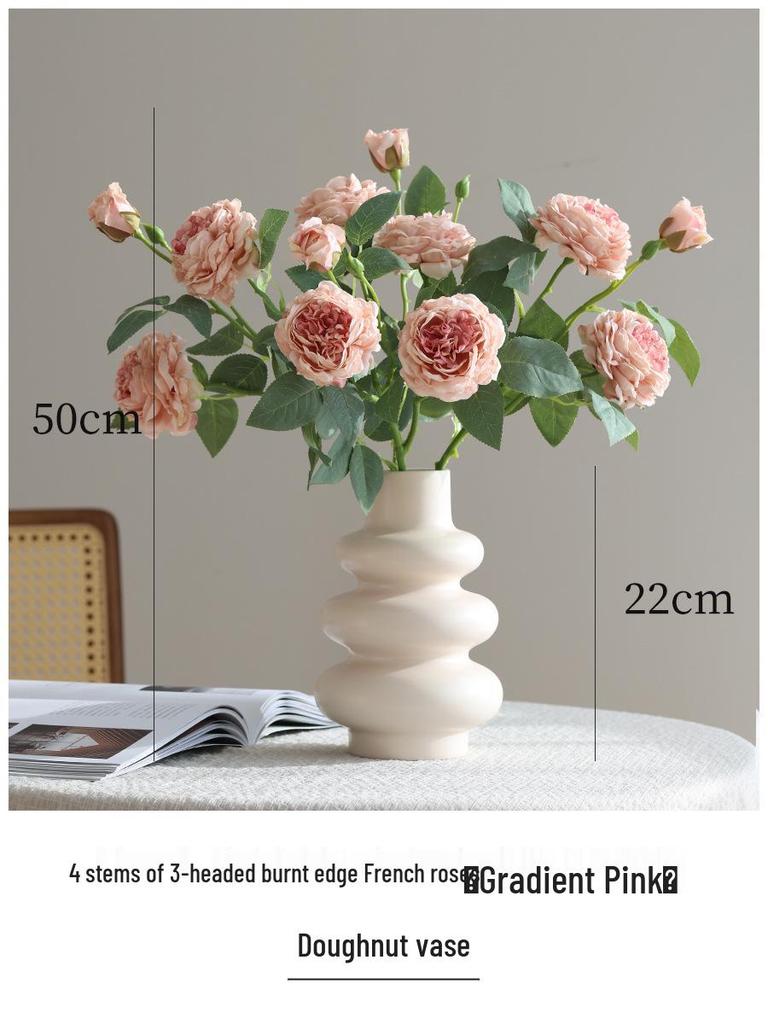 Vintage Burned Edge Rose Artificial Floral Arrangement for Living Room or Dining Table Decor