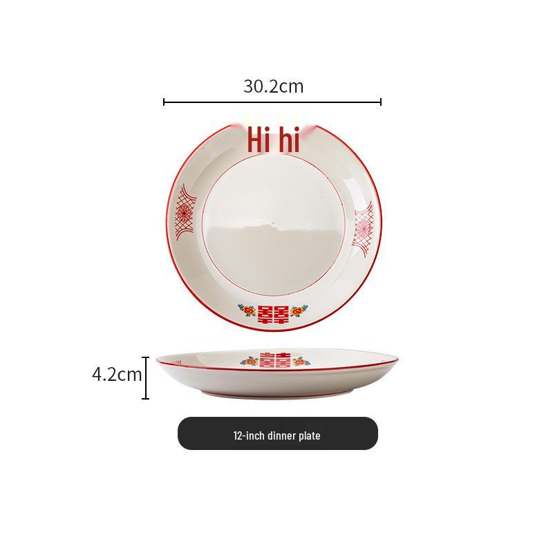 Set di Piatto Rotondo Rosso Ceramica Retrò Doppia Felicità - Piatto Basso, Piatto Piatto, Piatto per Hot Pot, Piatto per Carne, Piatto per Salsa e Piatto per Pesce per Tavola da Ristorante.