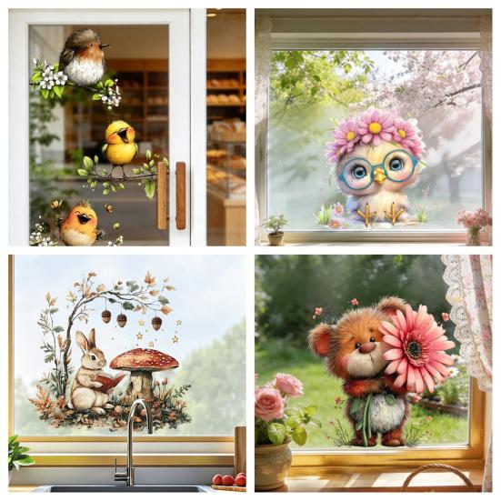 Adesivo Statico per Vetro Animali Cartoni Animati Rimovibile Impermeabile Decalcomania Decorativa per Finestra Casa Ufficio Soggiorno